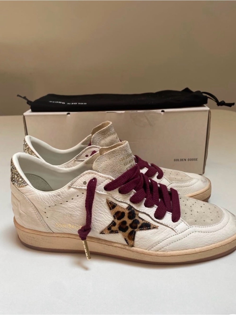 Golden Goose Cream Leather Low-Top Sneakers with Leopard Star and Burgundy Laces
